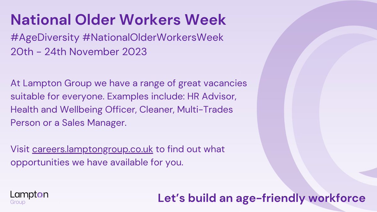 At Lampton Group we're all about creating an age-inclusive workforce.

Are you looking for a new role this #NationalOlderWorkersWeek ? Visit careers.lamptongroup.co.uk to see what opportunities we have available for you!

#AgeDiversity