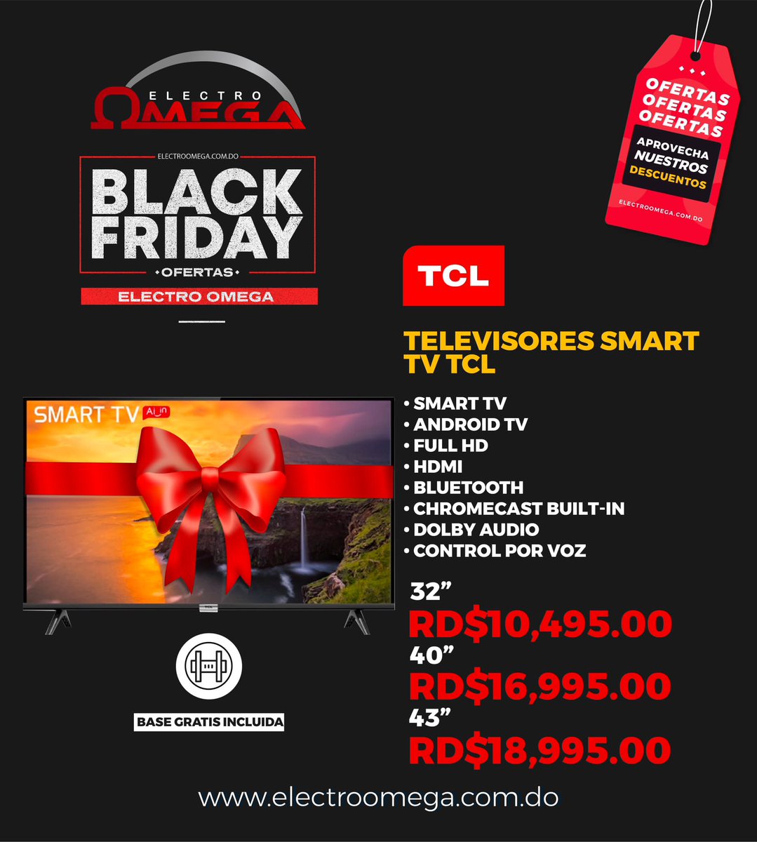 ElectroOmega's tweet image. Televisores Smart TV Andorid TCL 📺

#Ofertas #BlackFriday #SmartTV #Televisores #SmartTVTCL#TelevisoresTCL #TiendaDeElectrodomesticos