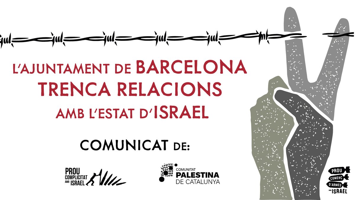 Comunicat | La coalició Prou Complicitat amb Israel celebrem que <a href="/bcn_ajuntament/">Ajuntament de Barcelona</a>  es converteix en un dels primers ajuntaments d’Europa a trencar relacions amb Israel i emplaça a tots els municipis i institucions catalanes a que empreguin mesures similars.
palestina.cat/comunicat-el-t…