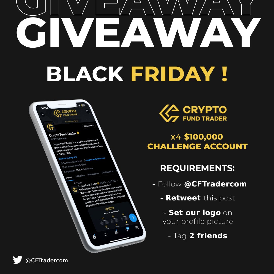 CFTradercom's tweet image. Exciting news! To celebrate the BLACK FRIDAY, we've launched an incredible Giveaway!

🏆 Over $400,000 in funds ready to be won.

- Follow us @CFTradercom   
- Retweet this post 
- Set our logo on your profile picture  
- Tag 2 friends

Join in and be part of this big giveaway!