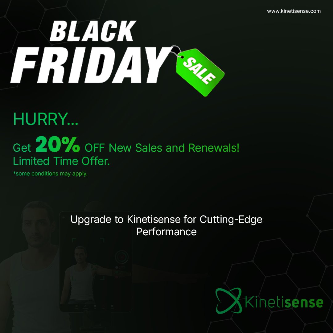Kinetisense's tweet photo. 🎉 Happy Black Friday! 🎉 Today is your day to grab Kinetisense at an incredible 20% OFF on new sales and renewals. Elevate patient care, streamline assessments, and boost your clinic's ROI. Limited time offer!Some conditions may apply. #BlackFridayDeal #Kinetisense #HealthTech https://t.co/UVoO1dZ7ER