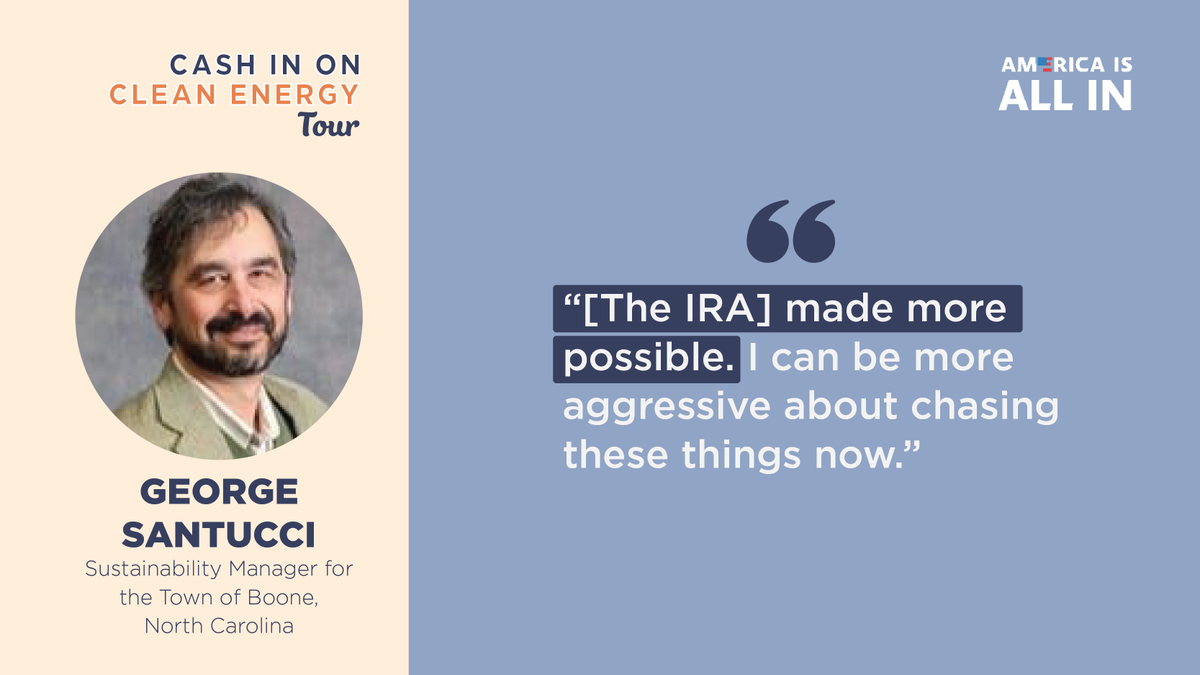 RMIPolicy's tweet photo. George Santucci of Boone, #NorthCarolina learned through @americaisallin's #CashInOnCleanEnergy tour that the town is able to take advantage of consumer incentives for #EVs & home #efficiency + #electrification.
Read the tour wrap up: https://t.co/bjGjCkDKON https://t.co/HJJmhZ4mGZ