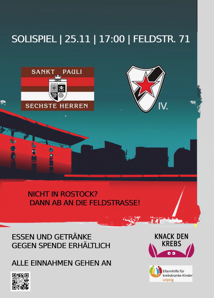 ℹ️ Morgen (25.11., 17 Uhr) empfangen unsere Sechste Herren die 4. Mannschaft von Roter Stern Leipzig an der Feldstraße zu einem Soli-Spiel. Dabei werden Gelder für die Kinderkrebshilfe in Hamburg und Leipzig gesammelt.

Alle Infos ➡️ fcsp.in/5d0tw

#fcsp #knackdenkrebs