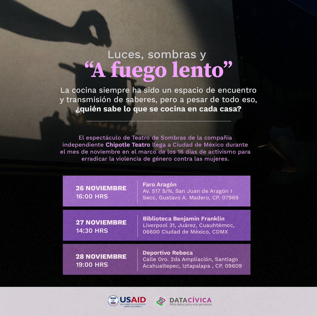 ¡Prepárate este domingo para la primera función de teatro de sombras de <a href="/ChipotleTeatro/">Chipotle Teatro</a> en <a href="/FaroAragon/">Faro Aragón</a>! 🔥

Te esperamos en estos eventos gratuitos para reflexionar en el marco del #25N. 
 
👀El registro sólo es necesario para <a href="/BenFranklinMX/">Biblioteca Franklin</a> 👉 forms.gle/b5YMuMpZ1zdhrN…