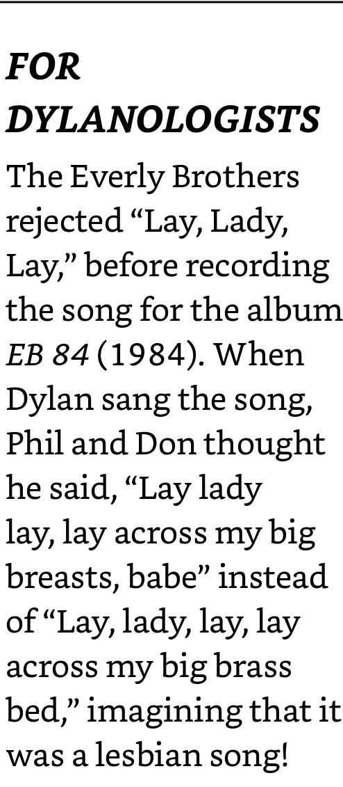 PJSPosts's tweet photo. I just read this and, if it's true, it's one of the best mistaken lyrics stories I've ever heard. #BobDylan #LayLadyLay https://t.co/vK5G0C2sWP