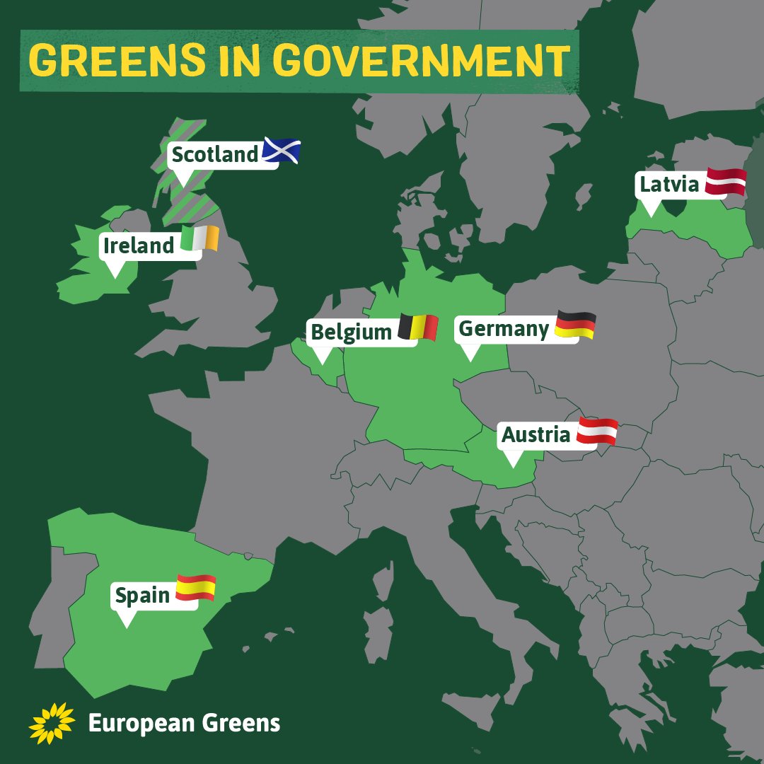 💚 As of this week, Greens are represented in 7 governments across Europe! 🇦🇹🇧🇪🇩🇪🇮🇪🇱🇻🏴󠁧󠁢󠁳󠁣󠁴󠁿🇪🇸 🌻 They work hand in hand with MEPs and other politicians to shape progressive and Green policies for all. Greens are the driving force for change across Europe!