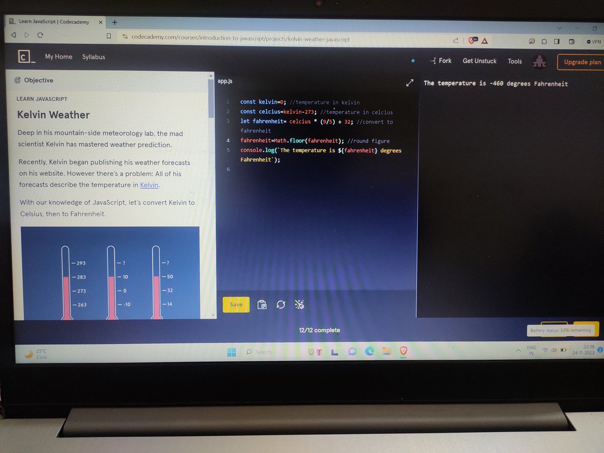 akkicodes's tweet image. Day 30 of #100DaysOfCode! 🚀 Completed two projects on @Codecademy using JavaScript – &apos;Dog Years Fun&apos; 🐾 and &apos;Kelvin Weather Converter&apos; 🌦️. Learning by doing is a blast! 💻 #JavaScript #CodingAdventure