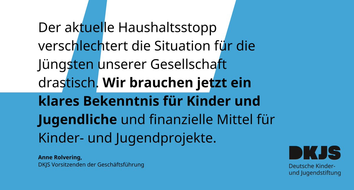 #Haushaltskrise: Kinder und Jugendliche dürfen nicht wieder die Verlierer sein!
Die Zukunft junger Menschen sowie die Arbeit gemeinnütziger Organisationen sind zu wichtig für die Stabilität unserer #Demokratie.

dkjs.de/aktuell/meldun…

#Haushaltssperre #DKJS #wirksamnahdran