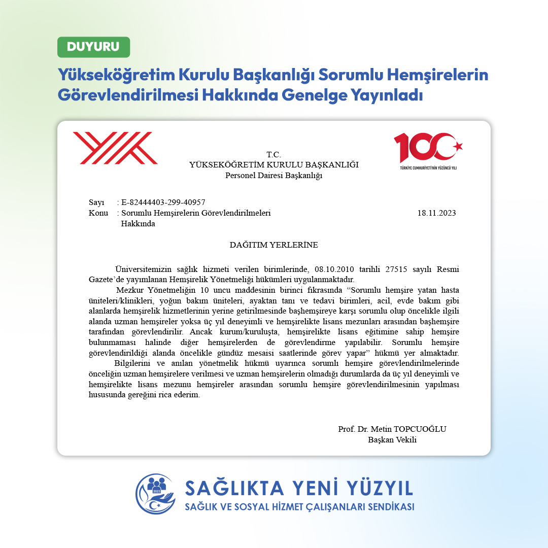 Yükseköğretim Kurulu Başkanlığı Sorumlu Hemşirelerin Görevlendirilmesi Hakkında Genelge Yayınladı

👩🏻‍⚕️ Artık sorumlu hemşire atamasında öncelik uzman hemşirelere verilecek.

👩🏻‍⚕️ Uzman hemşirenin olmadığı durumlarda üç yıl deneyimli ve hemşirelikte lisans mezunu hemşirelerden