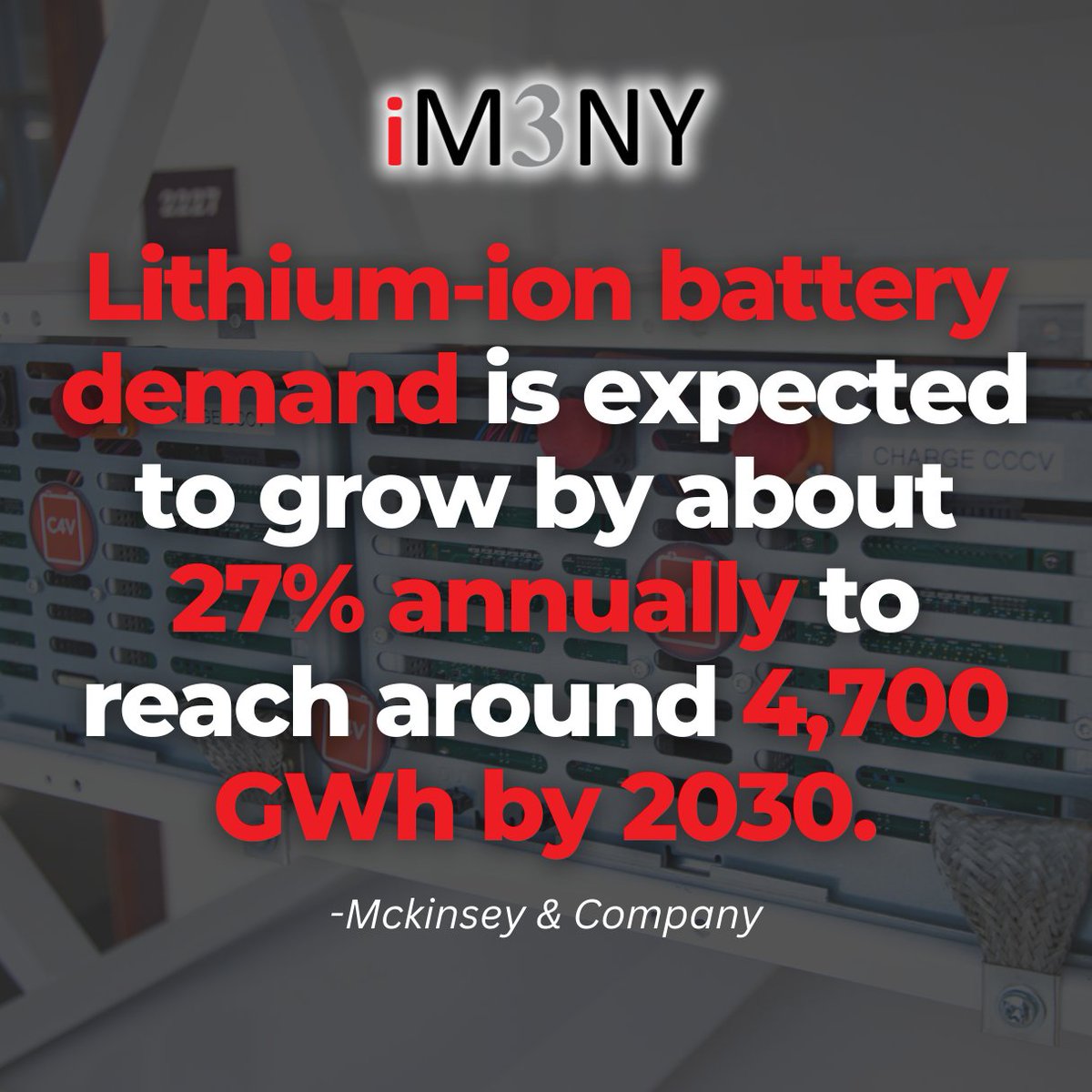 With the lithium-ion battery market growing each year, our intense focus on cutting-edge R&D is what enables iM3NY to stay at the forefront of such a rapidly growing industry and to predict our customers’ future needs.

#iM3NY #BatteryIndustry #PoweringTheFuture #BatteryDemand