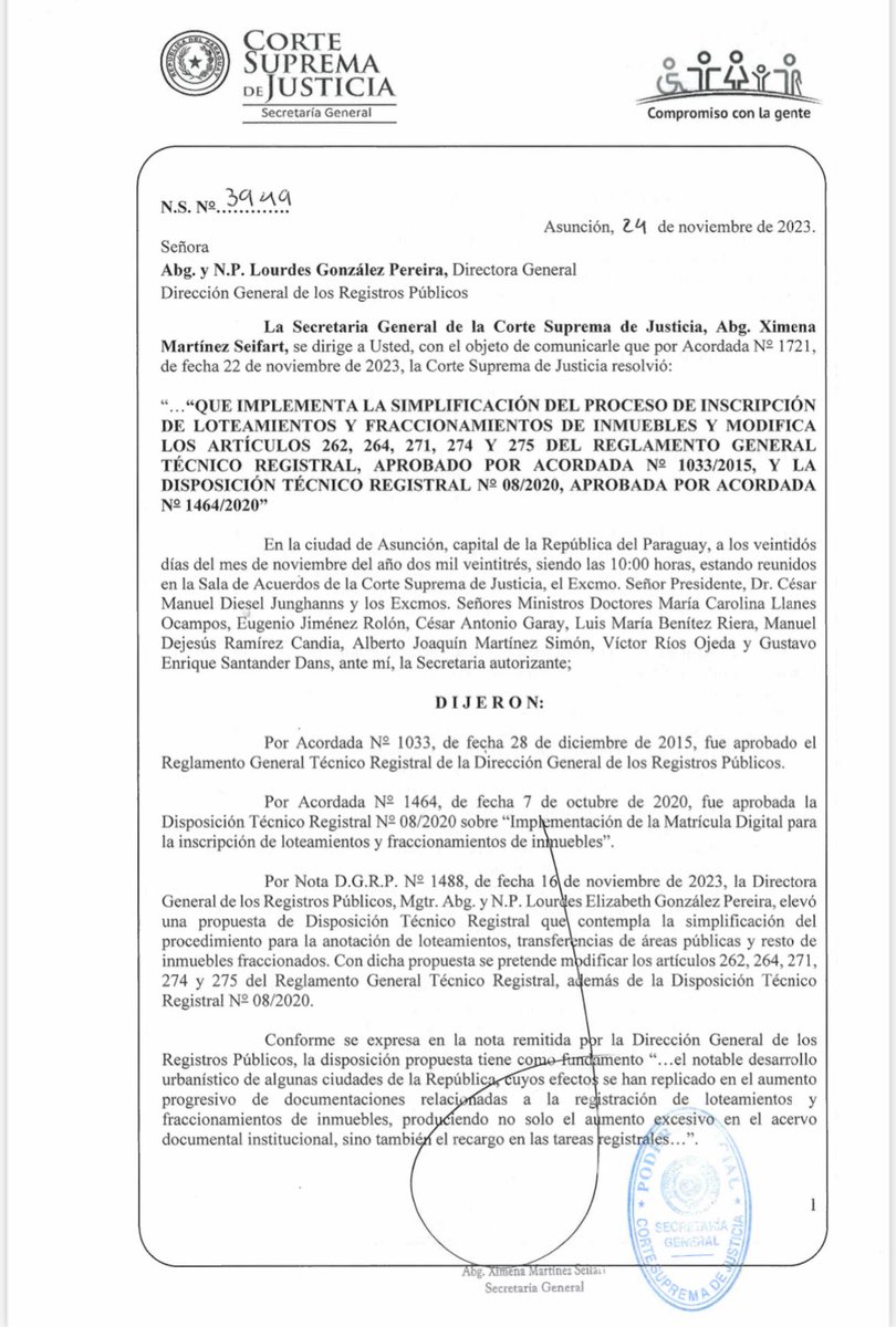 registrounifnac's tweet photo. Acordada Nº 1721, fecha 22 de noviembre de 2023, emitida por la CSJ
QUE IMPLEMENTA LA SIMPLIFICACIÓN DEL PROCESO DE INSCRIPCIÓN DE LOTEAMIENTOS Y FRACCIONAMIENTOS DE INMUEBLES Y MODIFICA LOS ARTÍCULOS 262, 264, 271, 274 Y 275 DEL REGLAMENTO GENERAL TÉCNICO REGISTRAL.@lelizgonza https://t.co/lJUII2i71s