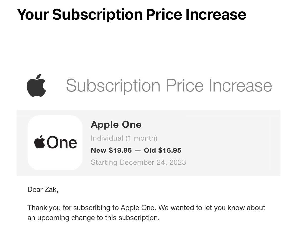 zakducote's tweet photo. @apple really in the giving spirit with sending me an email on Thanksgiving telling me that my Apple One subscription is going up $3 lol. https://t.co/JViv7mu4g1