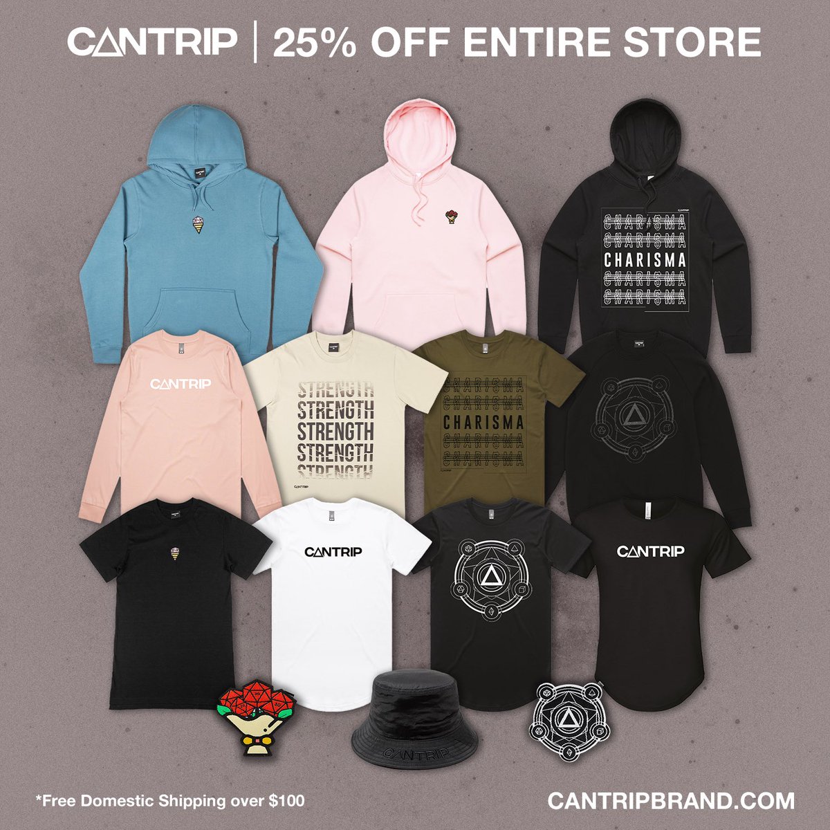 No surprise round here, just savings. 25% off anything in the store - including limited “play test” items - and free domestic shipping on orders over $100. Some of these items won’t be restocked, so be sure to loot thoroughly! cantripbrand.com #cantripstyle