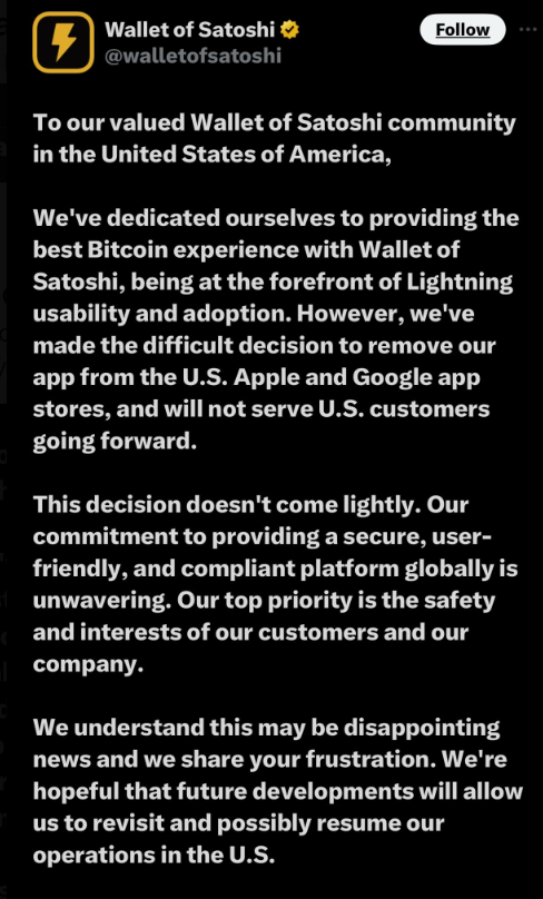 🐋🐋🐋🐋🐋🐋🐋🐋🐋🐋🐋🐋🐋🐋
Bitcoin lightning Wallet of Satoshi (WoS) no longer supports US users
🐋🐋🐋🐋🐋🐋🐋🐋🐋🐋🐋🐋🐋🐋
Bitcoin lightning payment wallet app Wallet of Satoshi has decided to no longer support US users. Lightning Wallet of Satoshi (WoS) disappeared from