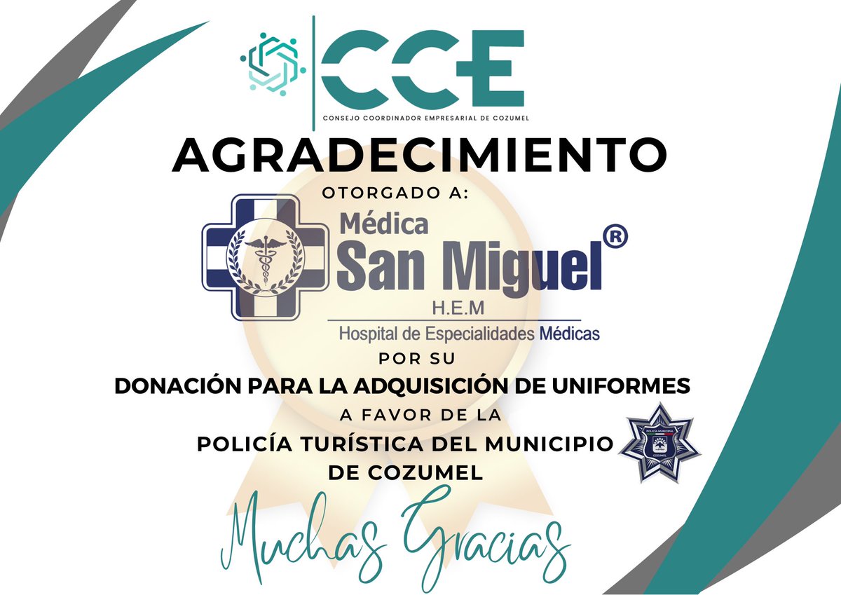 Otorgamos un agradecimiento a l Médica SAN MIGUEL de Cozumel por su colaboración.🏆

¡MUCHAS GRACIAS! 👏🏻

<a href="/carmenjoaquinmx/">Carmen Joaquín</a> 
#ccecozumel #islacozumelmx
