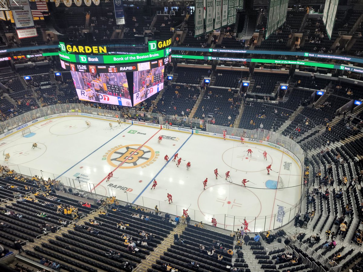 MikeCranston1's tweet photo. Here at TD Garden. Ville Husso leads the Red Wings out. Jeremy Swayman starting for the Bruins on his 25th birthday. https://t.co/xZepeCkioG