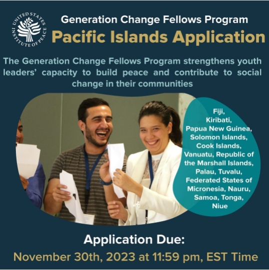 opportunitiesfy's tweet photo. 🚀 Elevate your #leadership with the Generation Change Fellows Program! 🌍 In partnership with USIP and USC Center for Religion and Civic Culture.
🌴 Pacific Islands youth
🗓️ Apply by Nov 30
🔗https://t.co/E67n7ImMap

#YouthLeadership #Peacebuilding #Opportunity 🌟 https://t.co/9QRsKocpkV