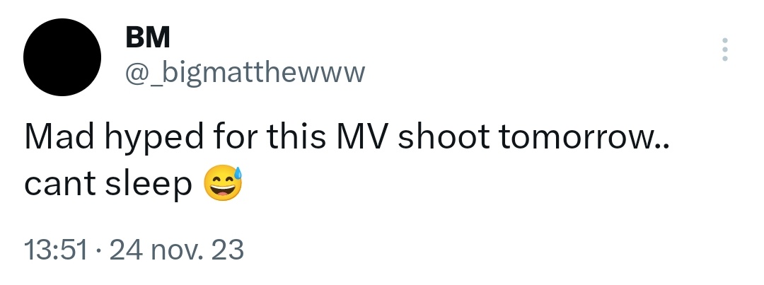 [TT] 24.11.23 - BM atualizou sua conta do Twitter 🖤

"Muito animado para essa gravação de MV amanhã.. não consigo dormir 😅"

Quais as expectativas de vocês, Hiddens? Vamos ficar de olho nos spoilers!
#BM #KARD <a href="/KARD_Official/">KARD (카드)</a> <a href="/_bigmatthewww/">BM</a> <a href="/altm_Group/">altm Group</a>