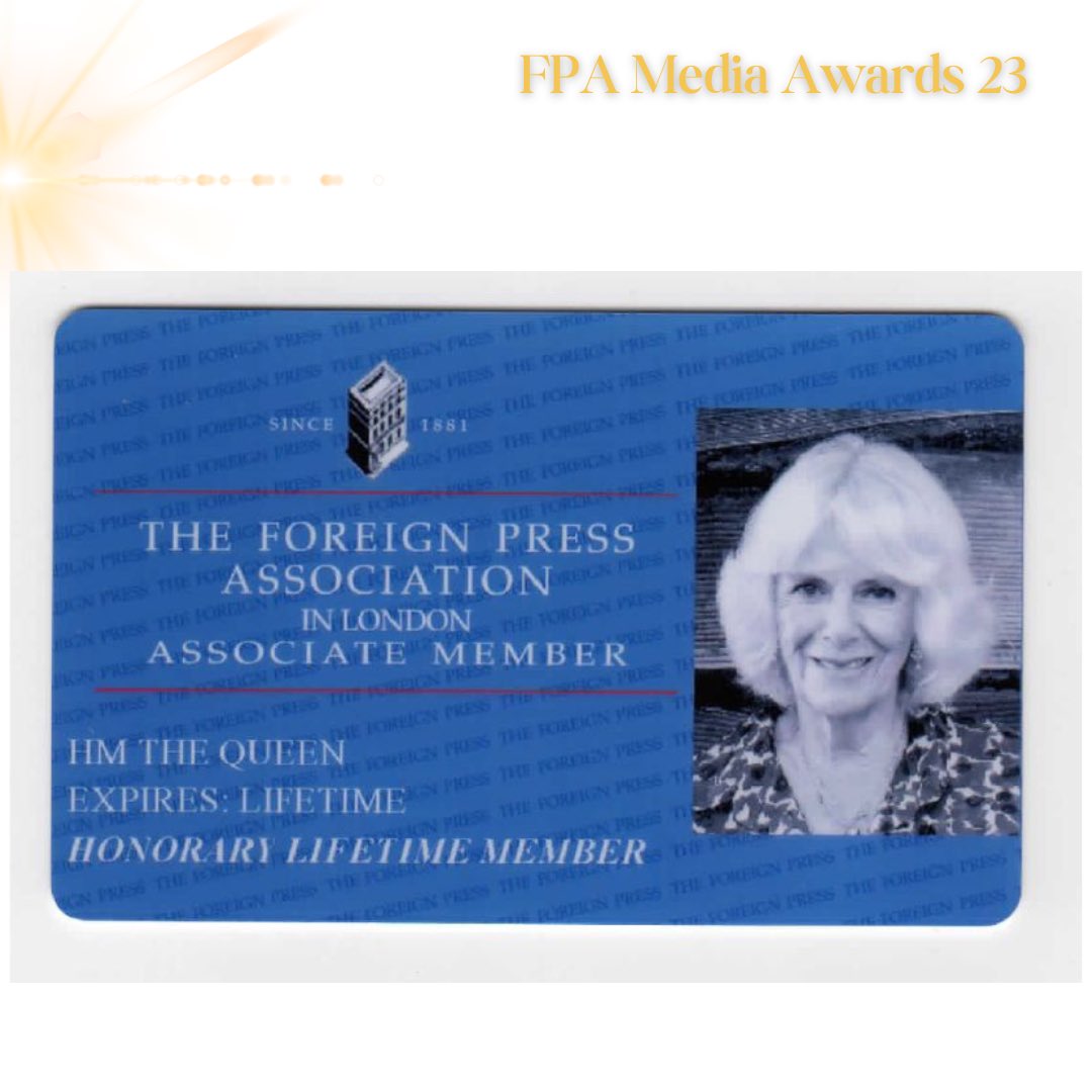 FPALondon's tweet photo. H.M #Queen Camilla delivered a touching keynote speech at our #FPAawards 2023, lighting our path as we champion #pressfreedom #pressaccess #pressequality 
Thank you Her Majesty and welcome as an honorary lifetime member of the Foreign Press Association! #presscard @RoyalFamily https://t.co/fyYBWV1NlP