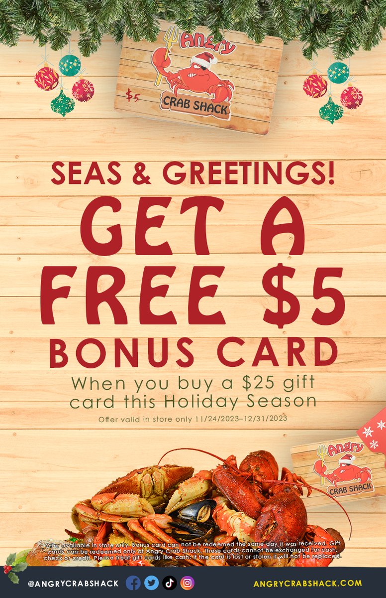Seas & Greetings! Get a FREE $5 bonus card when you buy a $25 dollar gift card this Holiday Season. 🦀🎁 #AngryCrabShack #Seafoodboil #giftcard #giftideas #giftcardsavailable #giftcardsale #supportlocal #smallbusiness #holiday #holidaygiftcardpromo #bonus #free #blackfriday