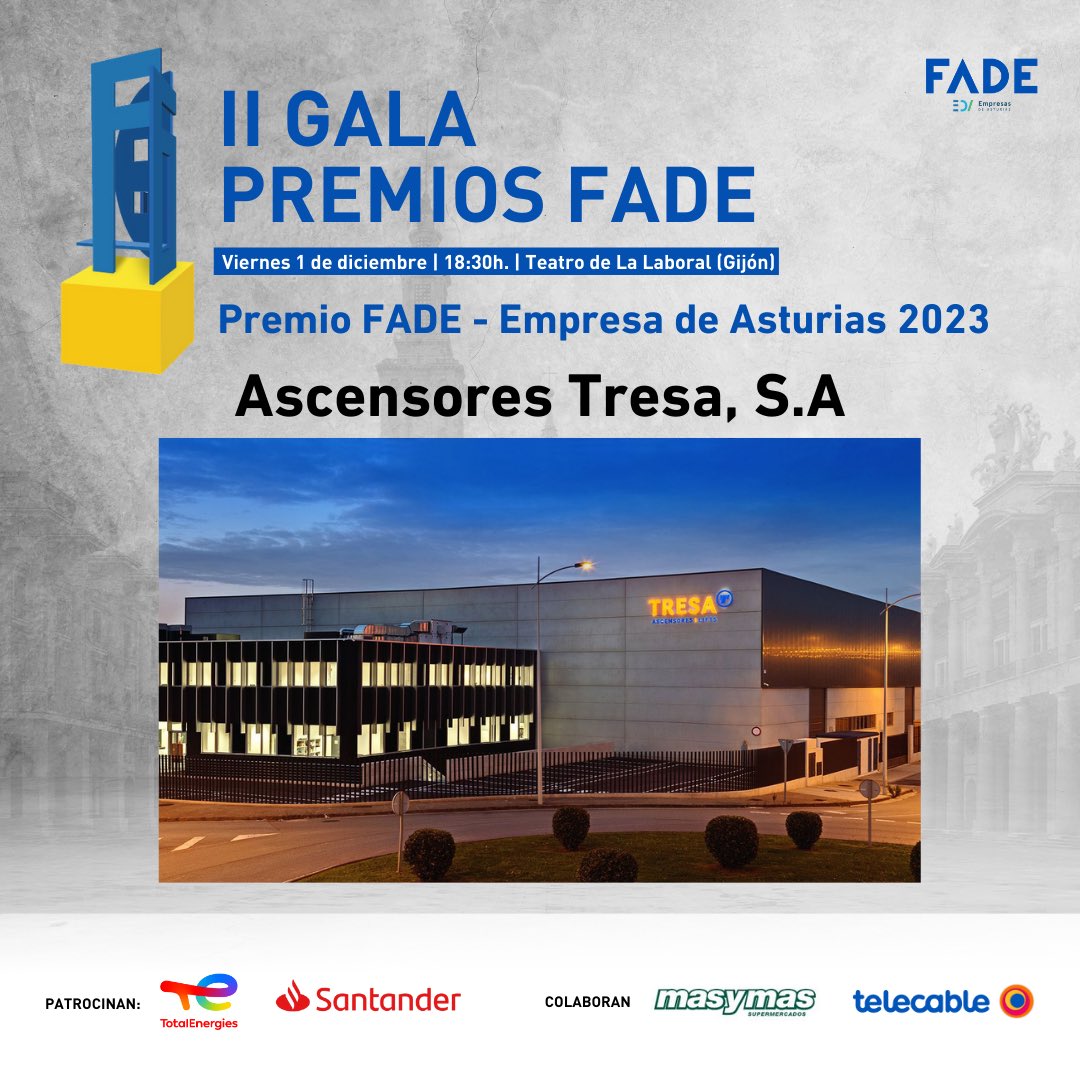 FADEAsturias's tweet photo. 🔵 D. Daniel Alonso Rodríguez y Ascensores Tresa, ganadores de los #PremiosFADE.
🏆 El Jurado de los Premios ha decidido galardonar al presidente de honor del Grupo Daniel Alonso en la categoría de Trayectoria Empresarial y nombrar a la ingeniería gijonesa “Empresa de Asturias 2023”.
📍El próximo viernes, 1 de diciembre, en el Teatro de La Laboral, celebraremos la Gala de las #EmpresasDeAsturias. El evento cuenta con el patrocinio de @TotalEnergiesES y @bancosantander y la colaboración de @supermasymas y @telecable.
🎟️ Confirma tu asistencia aquí: https://t.co/GsLyEeXD7W