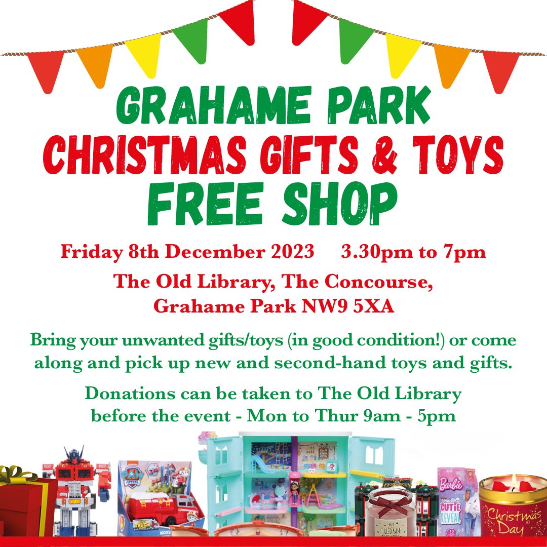 Christmas Free Shop - gifts and toys! Donations can be dropped off at the Old Library in Grahame Park. #GrahamePark #Colindale #BurntOak #Barnet #FreeShop #ReuseRecycle
