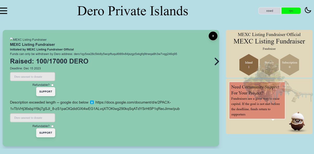Your chance to shine, Dero Community! 🌟

We have the opportunity to list Dero on MexC! 🚀

First 100 donated Dero were on me!💪 

Let's come together, raise the needed capital, and turn this opportunity into a reality! 

Link here: privateislands.fund/#/tiles?scid=a…