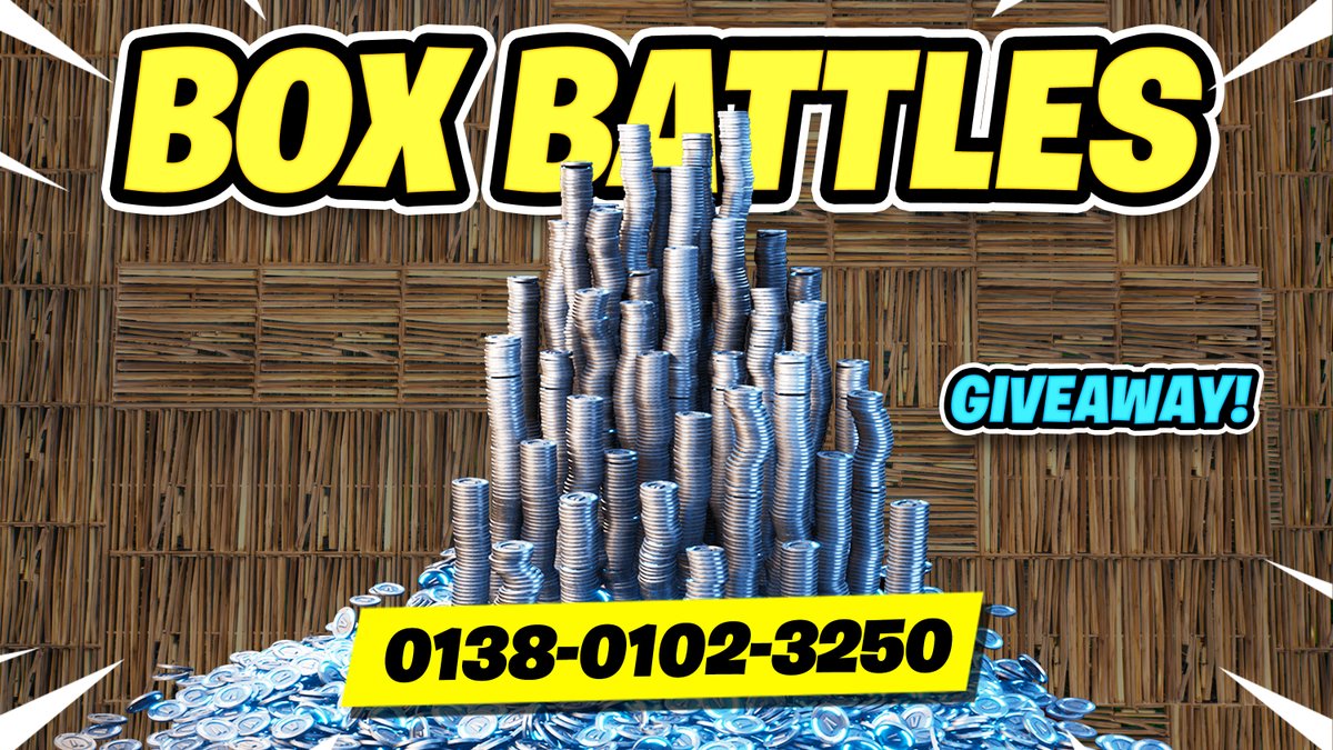 Introducing Box Battles PvP! 📦

To celebrate the launch of our new game, we're giving V-Bucks to the FIRST 5 players who reach 350 Career Eliminations!

🗺️ MAP CODE: 0138-0102-3250

Submit your screenshot of proof in the comments of this post to enter! 🎁