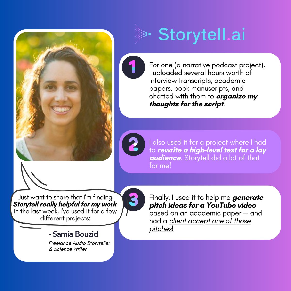 storytell_ai's tweet image. &quot;I’m finding Storytell really helpful for my work&quot;

Hearing feedback like this from our user, Samia Bouzid, motivate us to keep on improving and building Storytell.ai features for more users!

#genai #contentcreation #aitoolforcontent #contentengineering