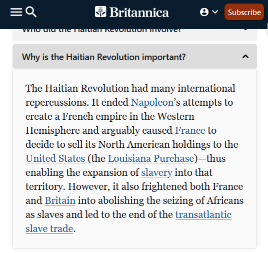 DeeNewcum's tweet photo. @elonmusk @Indian_Bronson Britain wasn't the primary driver of the end of slavery, the Haitian Revolution was. https://t.co/9jpTHneh1e