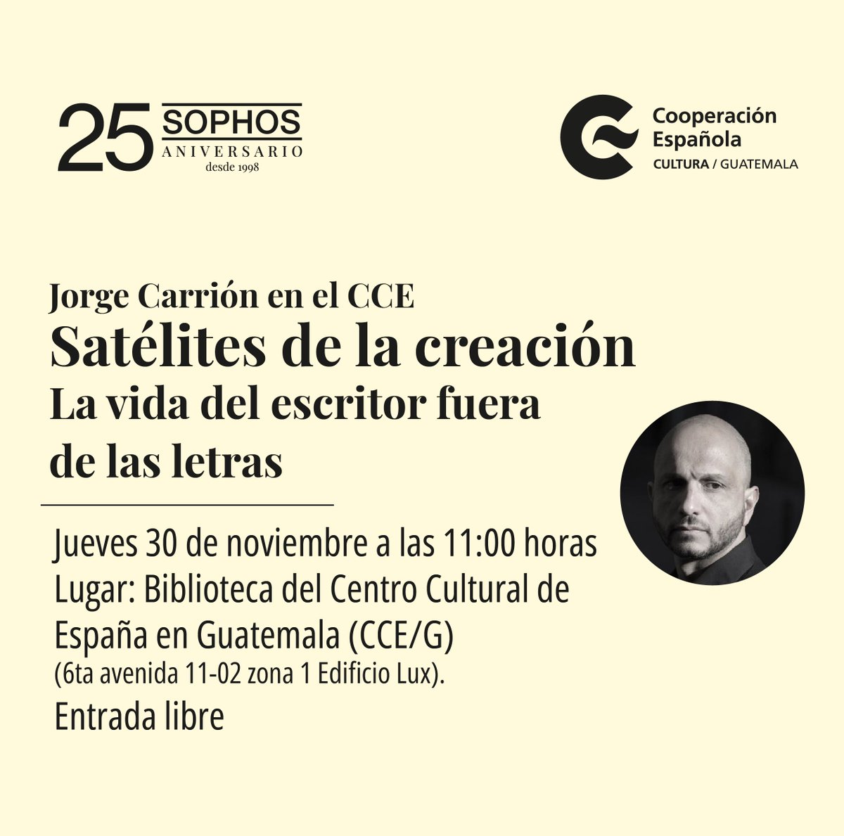 Conversaremos con @jorgecarrion21 y @jpdardon sobre medios narrativos alternativos como el cómic o el podcast. Esta conversación será transmitida en @tangentegt . 📆 Jueves 30 de noviembre de 2023 ⏰11:00 H. 📍CCE/G. Edificio Lux, 2do nivel. Colaboramos con @sophosenlinea