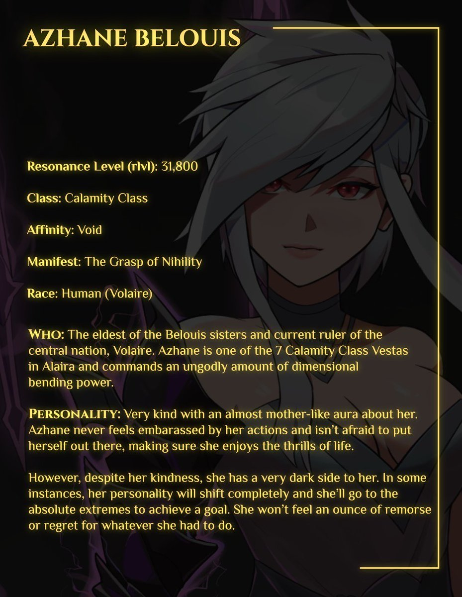 Meet Azhane Belouis! Queen of Volaire and Demoness of the Void! Follow to learn more about the characters of Manifest War!

Read the novel here: royalroad.com/fiction/74347/…

Artwork by. <a href="/yirienkaki/">Yirienkaki | COMMS OPEN</a>
