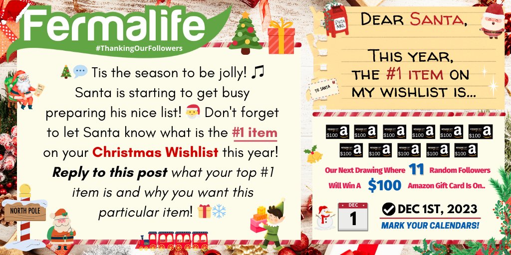 fermalife's tweet photo. 🎅🎄✅ MARK YOUR CALENDARS!✨ Our next #ThankingOurFollowers drawing is Dec 1st, 2023! ✨ It's looking like a busy season for Santa! Reply to this post to let Santa know what the #1 ITEM is on your Christmas Wishlist &amp; why you want it! 💬❄️🎁 More info: https://t.co/2QOZDAo8jU https://t.co/Ct4eXuPvYx