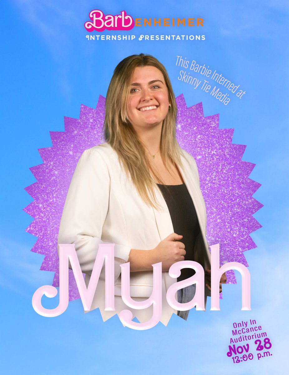 TimDurkTV's tweet photo. “There’s a difference only you can make.”

Myah lived in her own Barbie world as an intern at SkinnyTie Media. As a General Producer and a Motion Graphic Designer, it was her job to add a little more sparkle to the world. Her presentation is Nov. 28 at noon in McCance Auditorium. https://t.co/MaQXcWLMPX