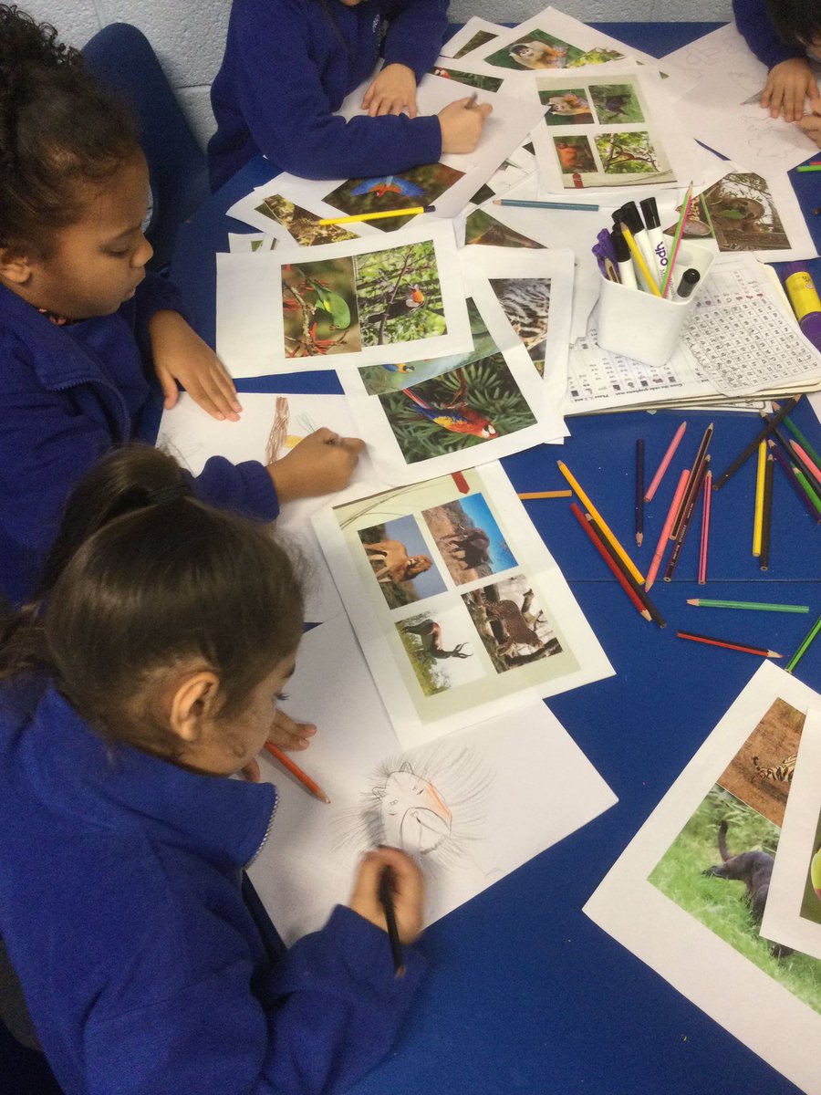 KS1PA's tweet photo. In art, Year 2 learnt about the artist Henri Rousseau and looked at examples of his work. We recapped the primary colours and which secondary colours were made by mixing these together. We started drawing our favourite animals to begin our rainforest collages. Great work! https://t.co/chDp9mBf7f