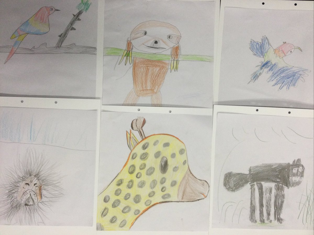 KS1PA's tweet photo. In art, Year 2 learnt about the artist Henri Rousseau and looked at examples of his work. We recapped the primary colours and which secondary colours were made by mixing these together. We started drawing our favourite animals to begin our rainforest collages. Great work! https://t.co/chDp9mBf7f