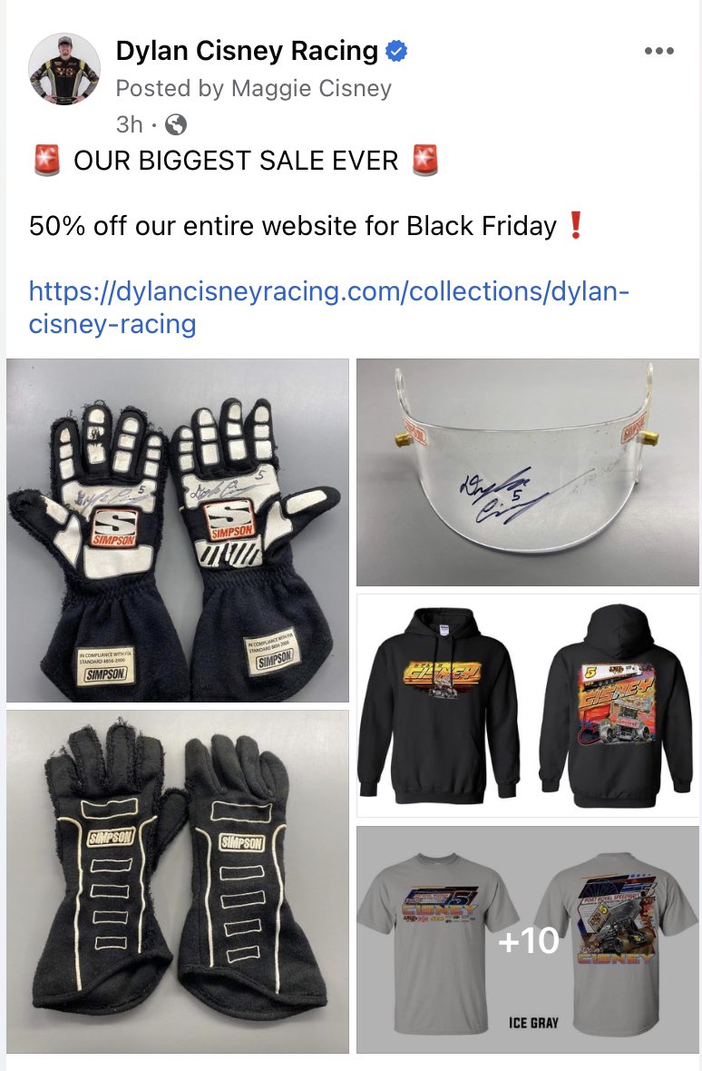 Don’t miss our 50% off Black Friday Sale ❗️

Shop now at 👇🏻

dylancisneyracing.com

We’ve got some cool race used items online. Perfect for Christmas gifts!
