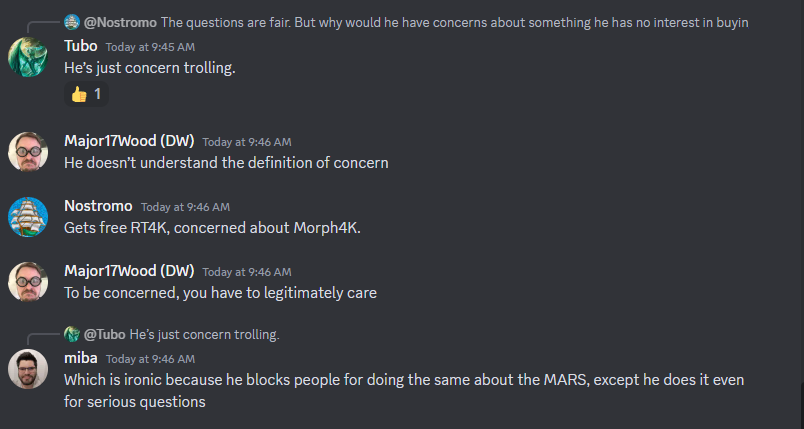 _atrac17's tweet photo. A) Legit questions, I want to order. I don't waste money.

B) Not asking for money, I can do what I want.

C) This is my personal account, there are a dozen trolls blocked from @MARSFPGA.

D) Paid for the #RetroTink4K; charitable donation.

#NiceNarrative #PixelFX #Morph4K https://t.co/HewHh7QmEt