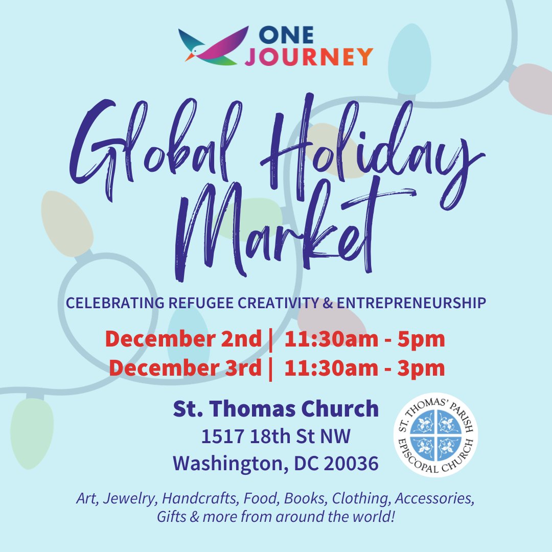 One Journey Festival (@1journeyfest) on Twitter photo As we enter the season of giving, consider supporting local refugee artists and business owners at our Holiday Market 🛍️ December 2-3 at <a href="/StThomasDC/">St. Thomas' Parish</a> where you’ll find unique handicrafts and gifts showcasing the creativity, talent, and ingenuity of refugees ✨#Refugees As we enter the season of giving, consider supporting local refugee artists and business owners at our Holiday Market 🛍️ December 2-3 at <a href="/StThomasDC/">St. Thomas' Parish</a> where you’ll find unique handicrafts and gifts showcasing the creativity, talent, and ingenuity of refugees ✨#Refugees