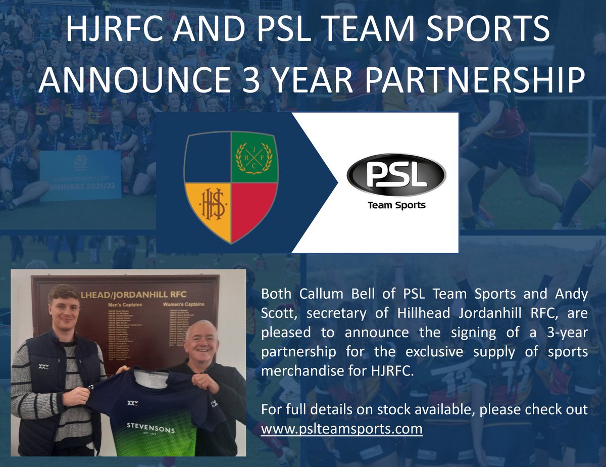 PSL Team Sports and Hillhead Jordanhill RFC, are pleased to announce the signing of a three year partnership for the exclusive supply of sport merchandise.

Please visit our club shop to make any purchases and be kitted out in the quarters for 2024!
pslteamsports.com