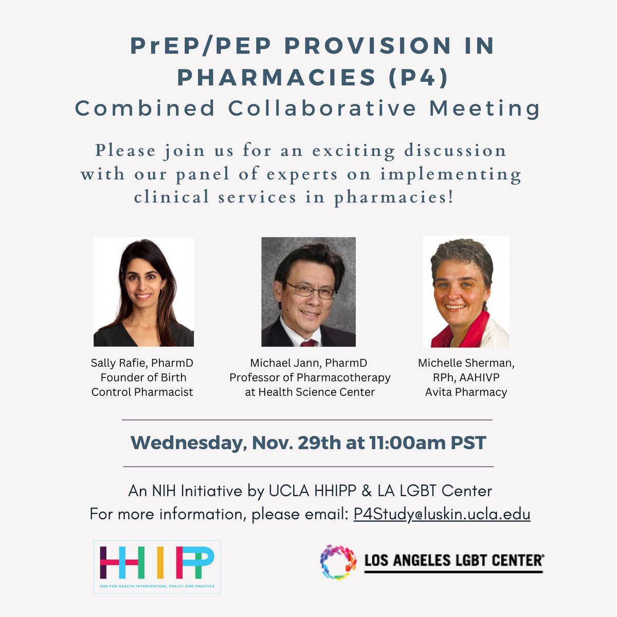 Looking forward to a meaningful discussion on the current &amp; future role of pharmacists in clinical services provision, esp sexual &amp; reproductive health services. Thanks to <a href="/UCLAHHIPP/">UCLA HHIPP</a> for the invitation to be a panelist w <a href="/MichRxConsult/">MichRx Consulting- ConsciousPharmacistPodcast</a>.

#pharmacists #contraception #hivprevention