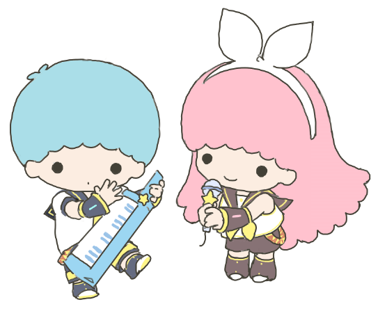 kagamine rin ,megurine luka 1boy 1girl chibi pink hair instrument cosplay long hair  illustration images