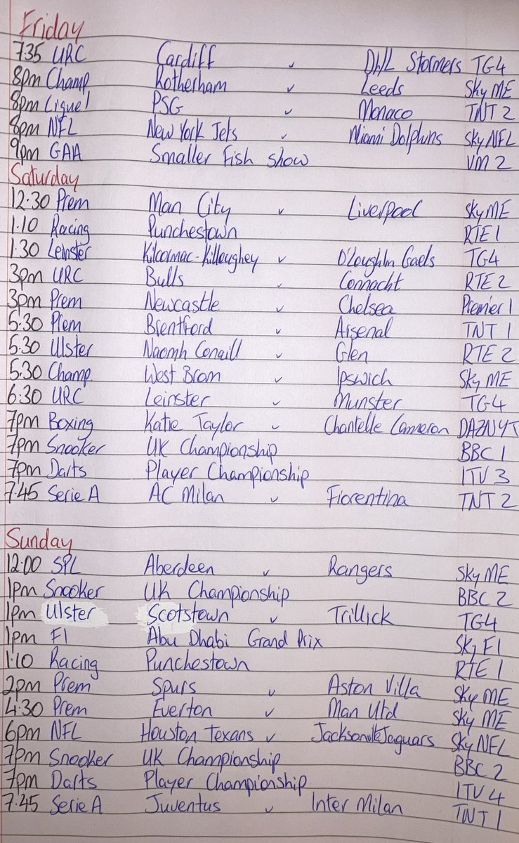 All aboard for the weekend 🚂 Folks we better stay indoors with the craic that’s going on above in Dublin but anyhow for those of us confined to the couch please see the schedule below which is a cracker 🎉 enjoy and be safe 🙌