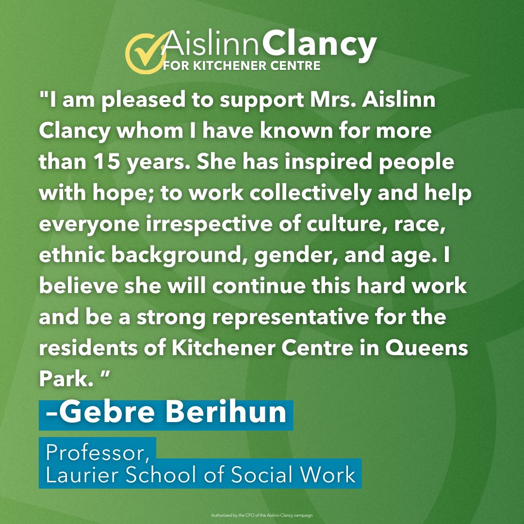 AislinnClancyKC's tweet photo. 📚 Prof. Gebre Berihun, Laurier School of Social Work: "Aislinn is a voice for equity, diversity, and inclusion. Her inspiring work promises strong representation for Kitchener Centre at Queens Park."
#KitchenerCentre #voteclancy https://t.co/QNIzXQ0pNA