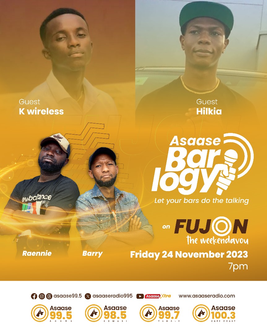 asaaseradio995's tweet image. 🔥 Join the weekend vibe with @barryairborne and @djraenniegh on Fujon tonight at 7 pm! 🎶 Get ready for an electrifying show featuring @Bogoblay_, K. Wireless, and Hilkia on the Asaase Barlogy segment. 🎤 Let your bars do the talking! Don't miss out! 

#Fujon | #AsaaseBarlogy 🔊