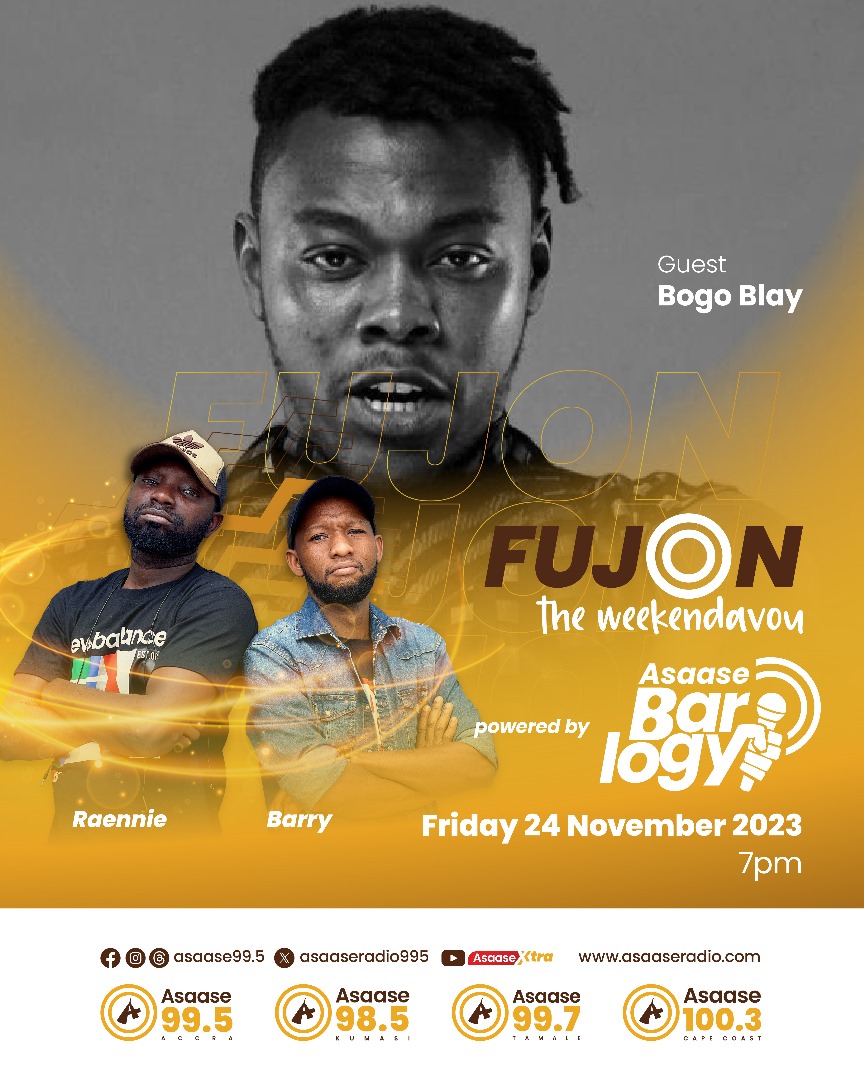asaaseradio995's tweet image. 🔥 Join the weekend vibe with @barryairborne and @djraenniegh on Fujon tonight at 7 pm! 🎶 Get ready for an electrifying show featuring @Bogoblay_, K. Wireless, and Hilkia on the Asaase Barlogy segment. 🎤 Let your bars do the talking! Don't miss out! 

#Fujon | #AsaaseBarlogy 🔊