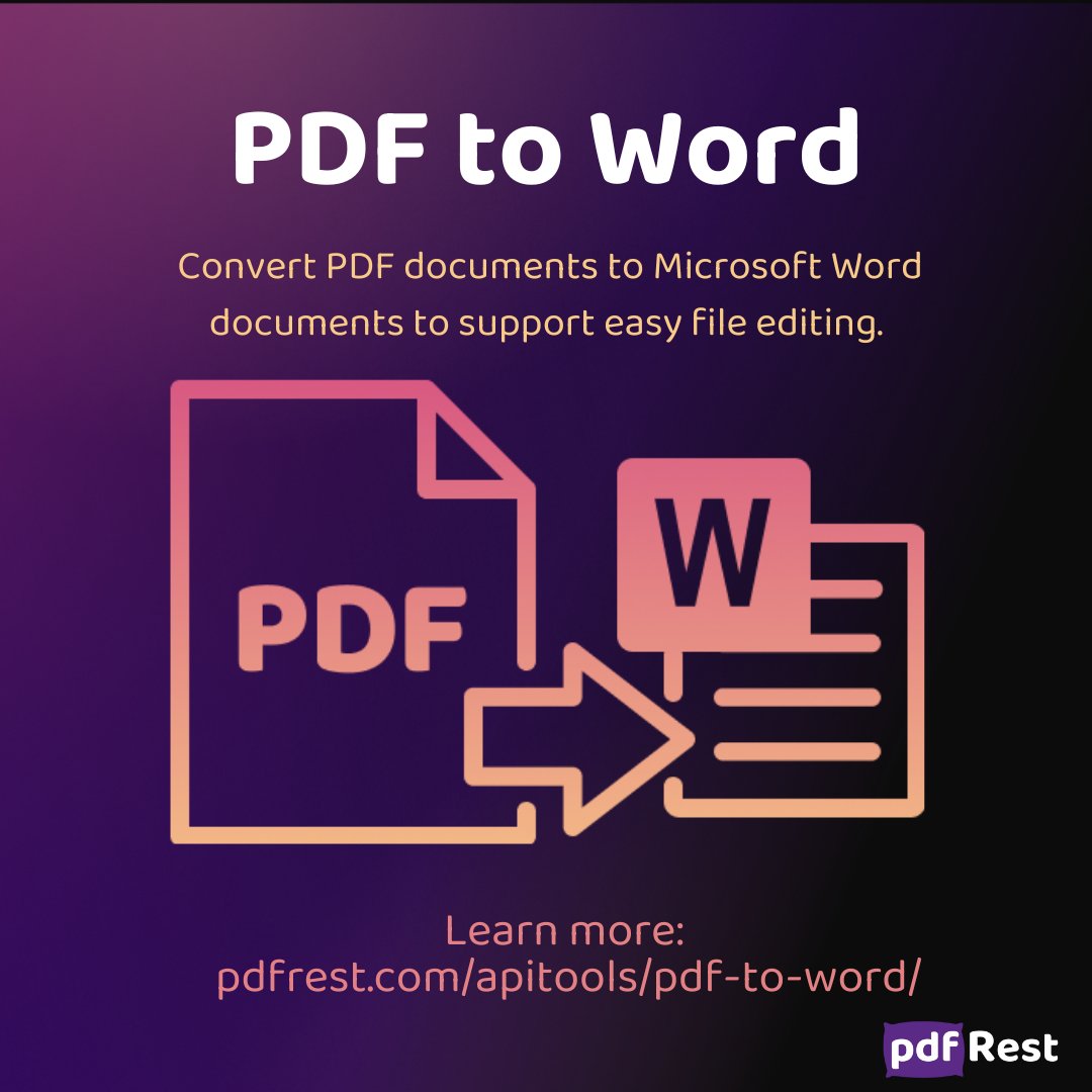 pdfRest's tweet image. Convert PDF documents to Microsoft Word and make file editing a breeze with @pdfRest PDF to Word Rest API. 

Try now: pdfrest.com/apitools/#conv…

#FileEditing #MicrosoftWord #PDF #restapi