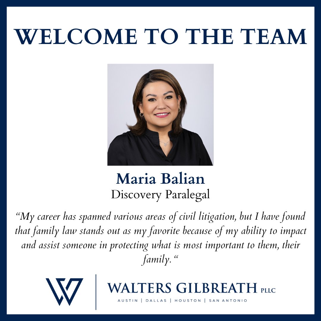 'Our firm is unwaveringly committed to assisting families in navigating their legal challenges.'

Help us welcome the newest member of our Houston legal team - Maria Balian! 👏

#litigationsupport #litigation #legalteam #familylaw  #divorce #childcustody #familylawfirm
