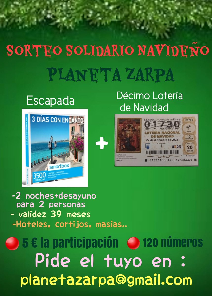planetazarpa's tweet photo. Hola gente!
Mirad lo que os traemos👀
SÚPER sorteo solidario por y  para nuestros🐕‍🦺
🐾El premio una escapadita de 2 noches y sus 3 días con quien quieras y un décimo de lotería para el sorteo del 22 de diciembre!🐾
Te animas a participar?? Escríbenos por privado o al email🙏🏼💪🏼😋 https://t.co/DU42ReHkPV