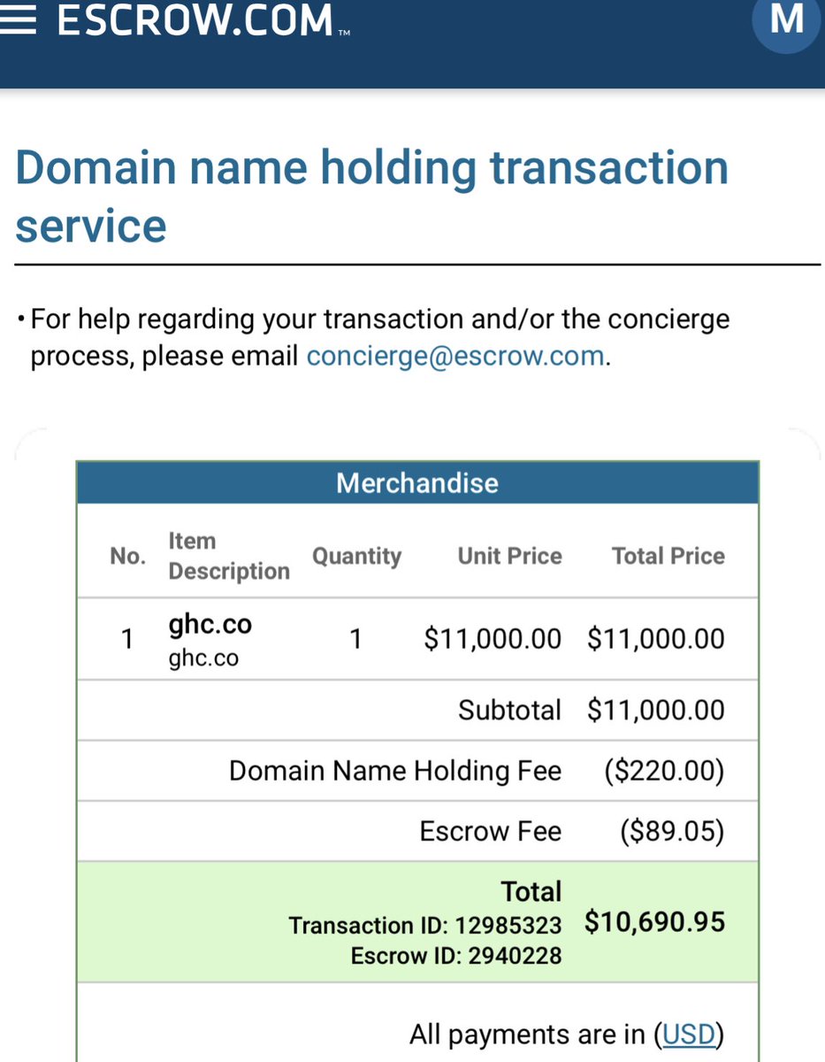Sold GHC.CO for $11,000 Bought 13 years ago for $24.99 Sold it through Efty in 11 payments.